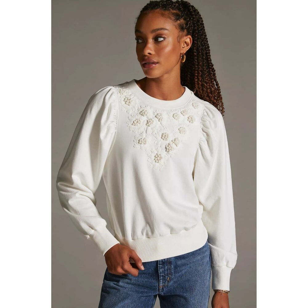By Anthropologie Embroidered Sweatshirt Top Floral Long Sleeve Cotton L 285600 - Picture 2 of 8